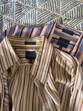 Faconnable Lot of 2 XL Striped Dress Shirts Blue Orange White Cotton Classic Fit